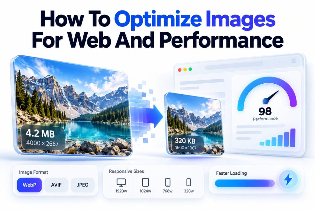 Laptop showing image optimization with before-and-after compression comparison for web performance